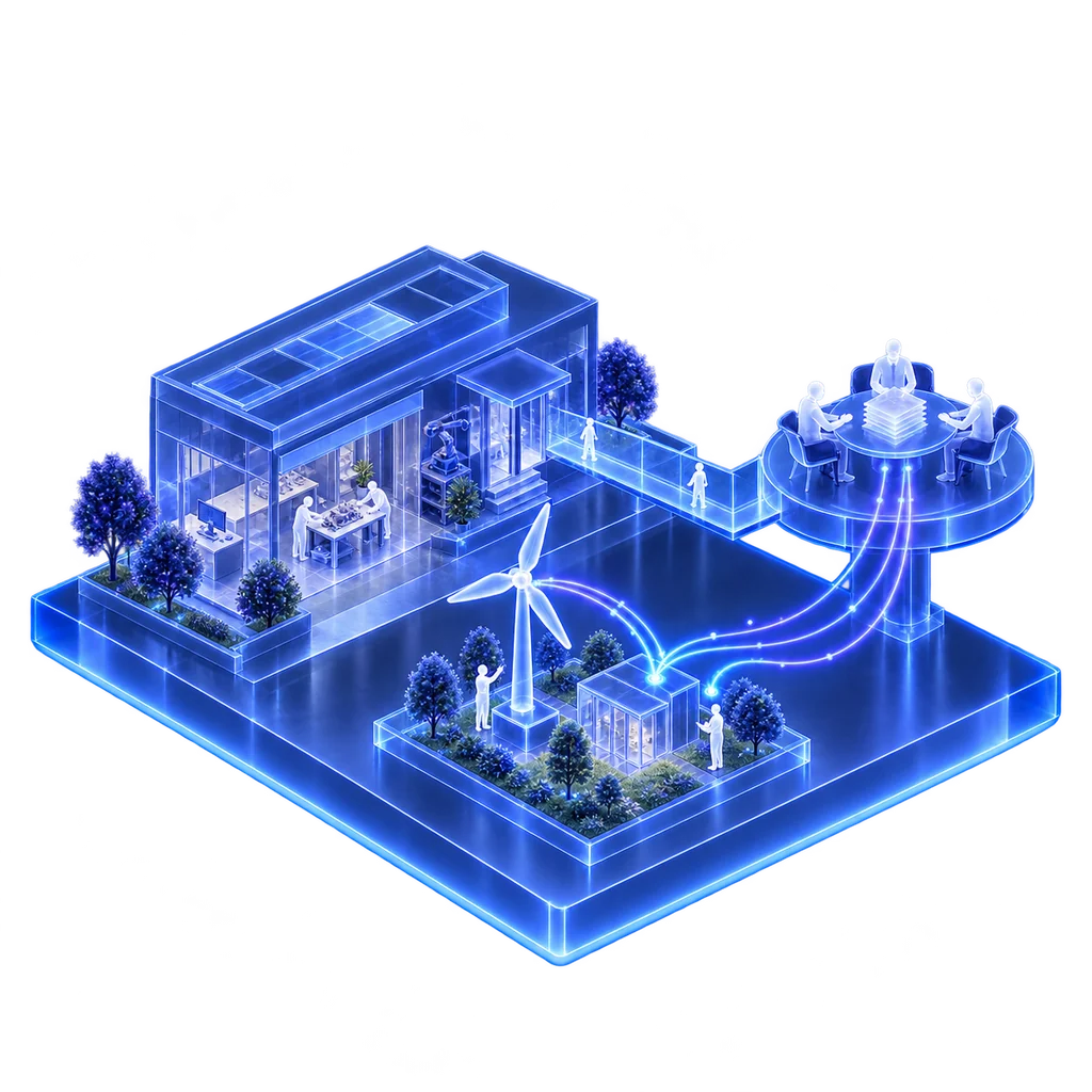 Illustration isométrique : un atelier d'entreprise et la maquette d'un projet ; une passerelle lumineuse mène à une table ronde où trois financeurs étudient un dossier.