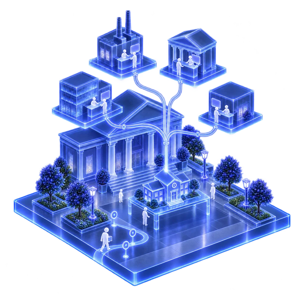 Illustration isométrique : une mairie, et au-dessus quatre guichets de verre qui envoient chacun un flux lumineux vers la maquette d'un projet.