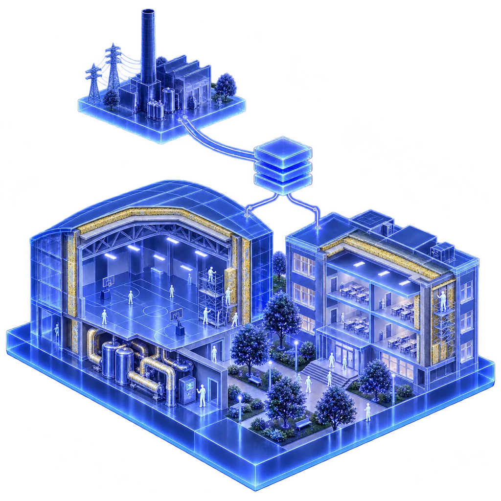 Illustration isométrique : un gymnase et une école en coupe, isolation et chaufferie rénovées ; un flux lumineux venu d'un producteur d'énergie se change en jetons de verre.