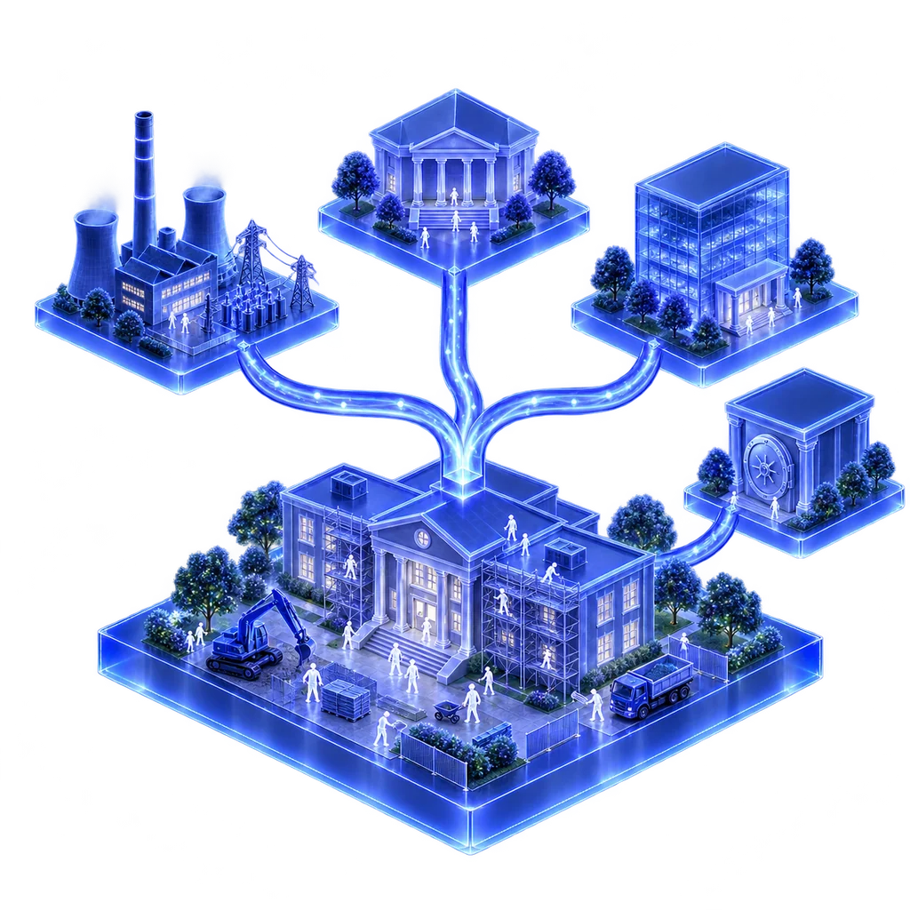 Illustration isométrique : une école en rénovation reçoit quatre flux lumineux venus d'un producteur d'énergie, de l'État, de la Région et d'un financeur.