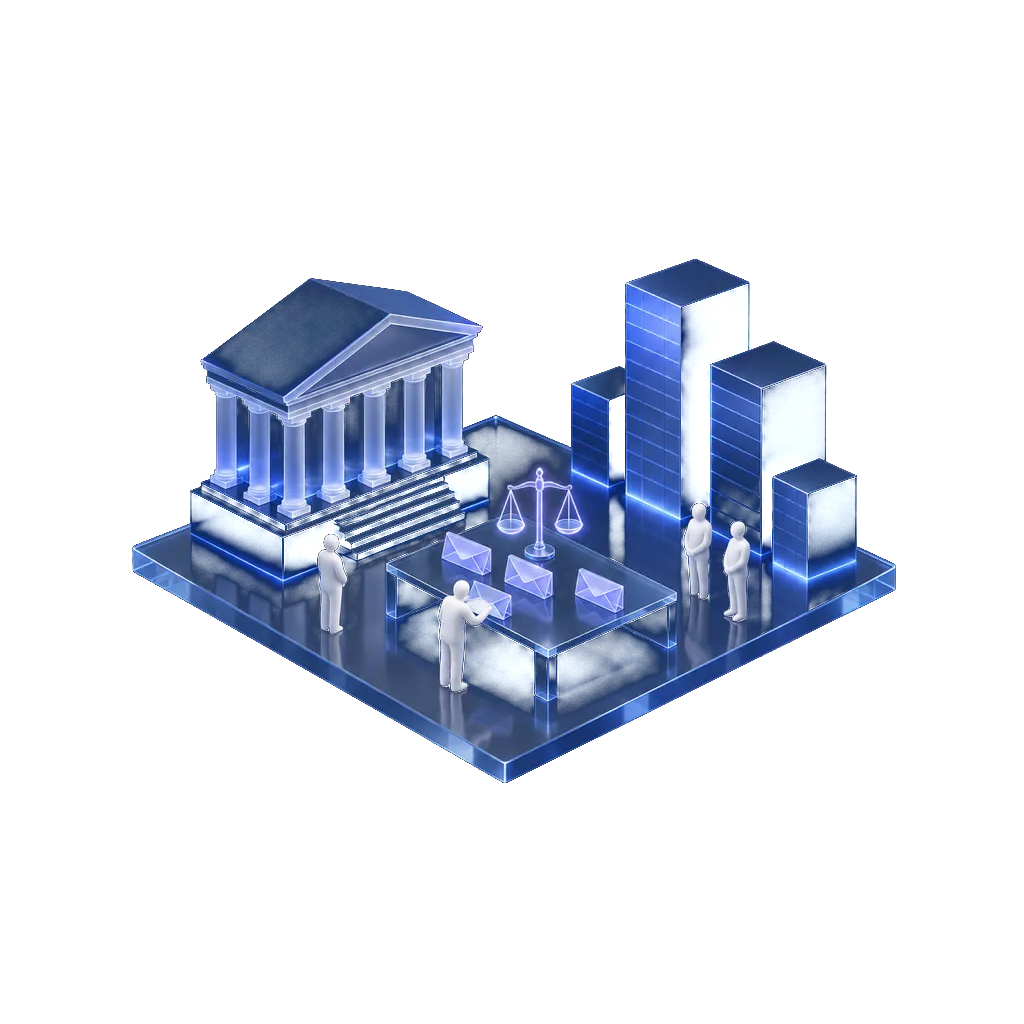 Illustration isométrique : un bâtiment public face à trois entreprises, une table de verre avec des plis scellés et une balance lumineuse.