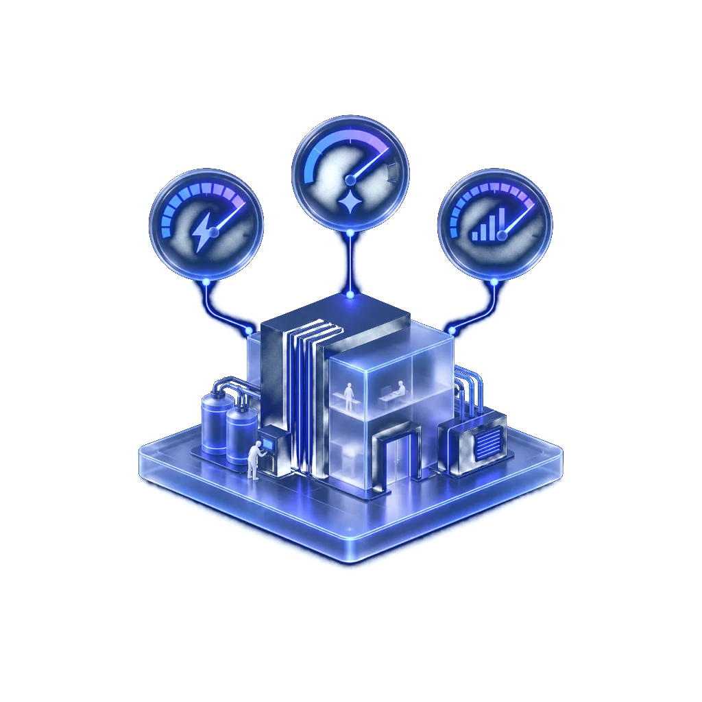 Illustration isométrique : un bâtiment avec trois jauges de verre au-dessus, énergie, qualité et activité, un technicien à sa base.