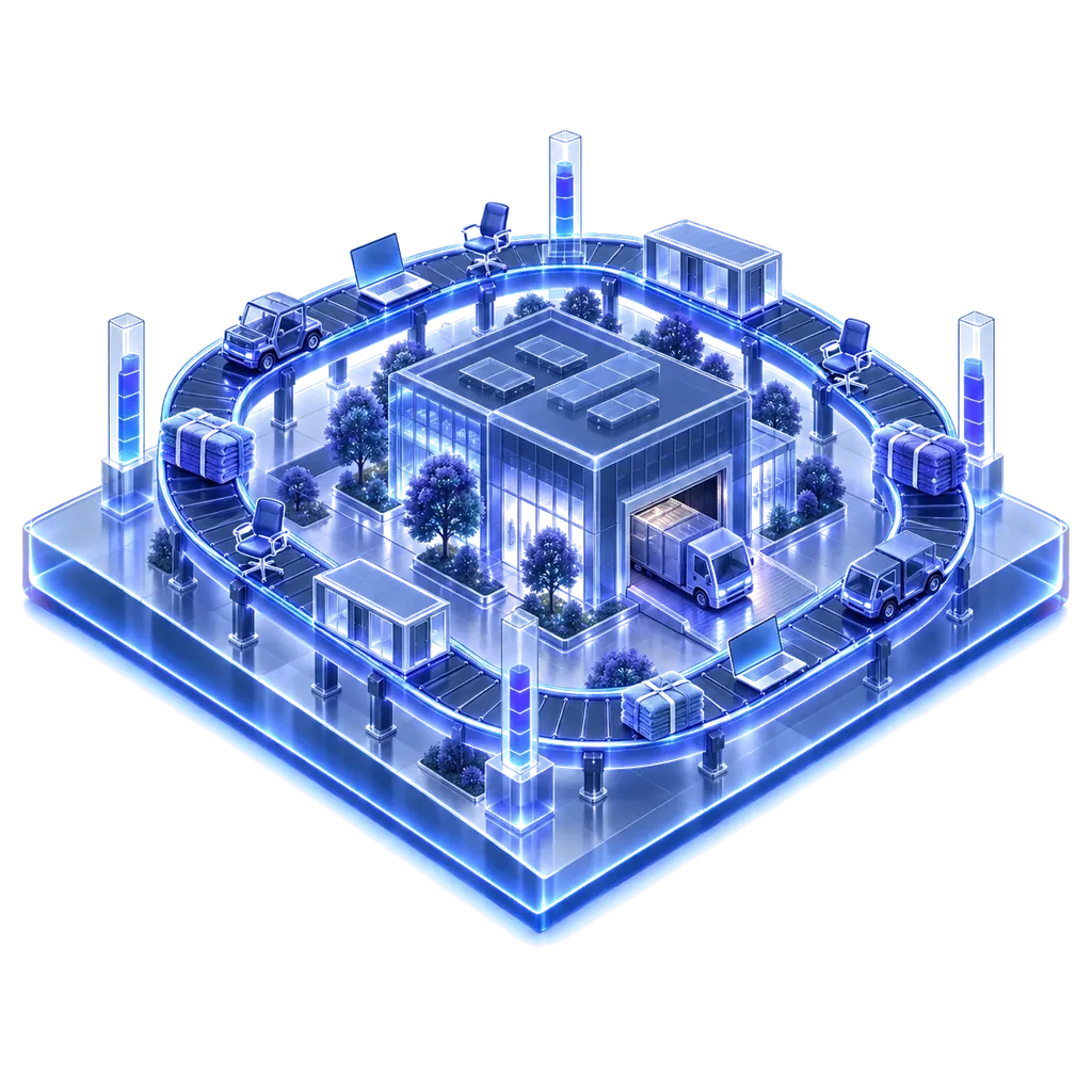 Illustration isométrique : un bâtiment public au centre d'une boucle lumineuse qui transporte ordinateurs reconditionnés, mobilier, bâtiment modulaire et véhicule, avec des jauges de verre qui montent vers des objectifs.