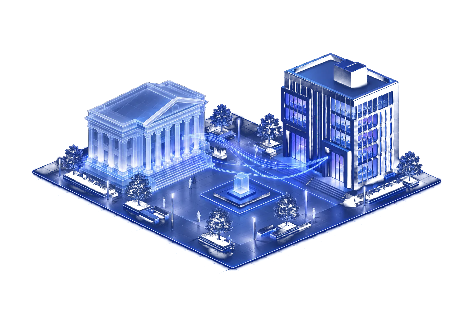 Maquette isométrique : un bâtiment public à colonnes et un immeuble d'entreprise, reliés par des flux lumineux au-dessus d'une place commune.